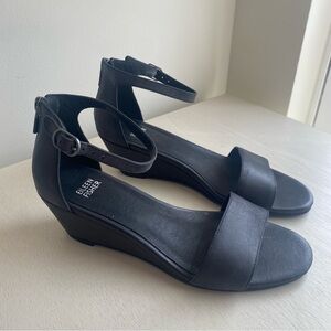 Eileen Fisher Leather Ankle Strap Wedge Heel Sandal Shoe Black 8.5